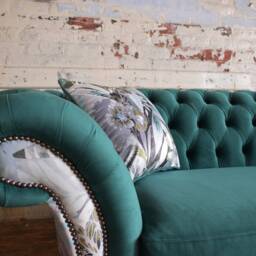 Handmade 3 Seater Green Velvet Fabric Chesterfield Sofa - Contrasting Chic Floral Pattern - thumbnail 3