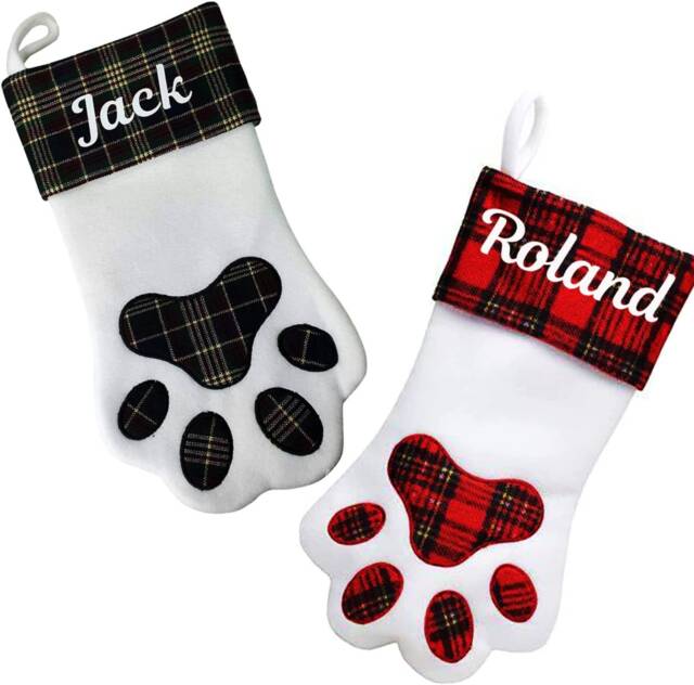 Personalised Christmas Stocking For Dogs Tartan Paw Design With Your Pets Name At New Puppy Xmas Stockings - image 1