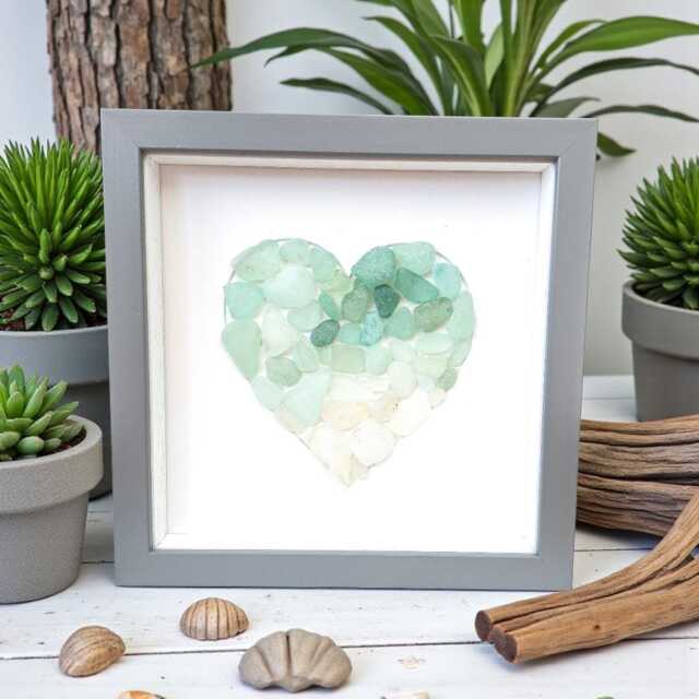 Blue Green Sea Glass Art Ombre Heart Framed Coastal Beach Bathroom Decor - image 1