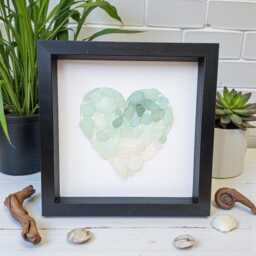 Blue Green Sea Glass Art Ombre Heart Framed Coastal Beach Bathroom Decor - thumbnail 3