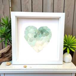 Blue Green Sea Glass Art Ombre Heart Framed Coastal Beach Bathroom Decor - thumbnail 2