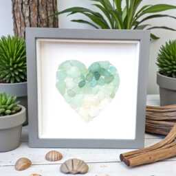 Blue Green Sea Glass Art Ombre Heart Framed Coastal Beach Bathroom Decor - thumbnail 1