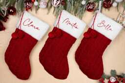 Knitted Christmas Stocking Personalized Family Xmas Stocking With Pom Poms - thumbnail 1