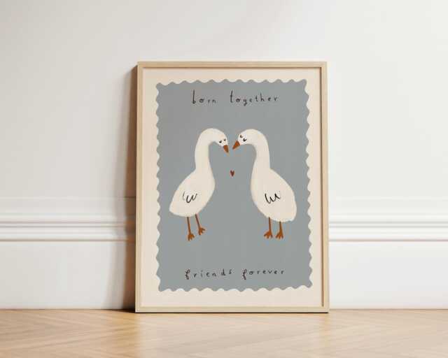 Twin Ducks Nursery Print, Twins Illustration Wall Art, Baby Shower Gift, Bedroom Unframed - image 1