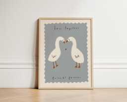 Twin Ducks Nursery Print, Twins Illustration Wall Art, Baby Shower Gift, Bedroom Unframed - thumbnail 1