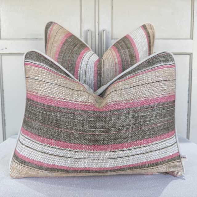 Fermoie Carskiey Broad Stripe Designer Pink Green Linen Cushion Pillow Cover - image 1