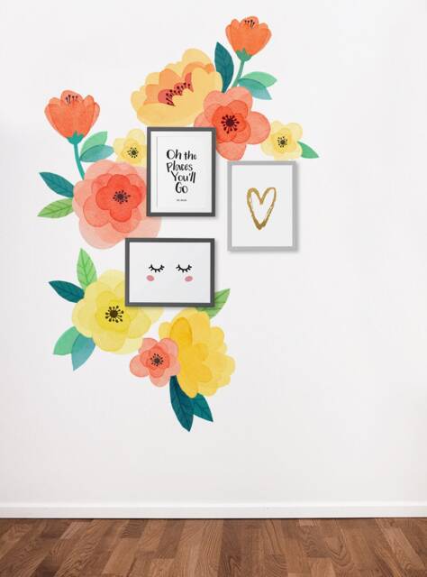 Watercolor Flower Wall Stickers Yellow Orange Blooms, Kids Room Decor - image 1