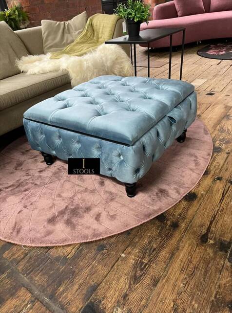 Duck Egg Blue Velvet Chesterfield Ottoman, Handmade Storage Footstool - image 1