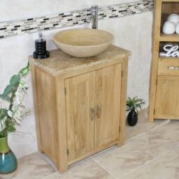 Solid Oak Bathroom Vanity Unit - Slimline Cabinet Travertine Worktop 310T025T - thumbnail 3
