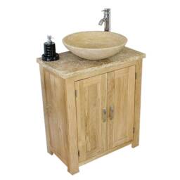 Solid Oak Bathroom Vanity Unit - Slimline Cabinet Travertine Worktop 310T025T - thumbnail 2