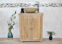 Solid Oak Bathroom Vanity Unit - Slimline Cabinet Travertine Worktop 310T025T