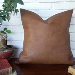 Brown Faux Leather Pillow Cover Modern Home Decor - 16x16 Inch - thumbnail 3