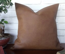 Brown Faux Leather Pillow Cover Modern Home Decor - 16x16 Inch - thumbnail 1