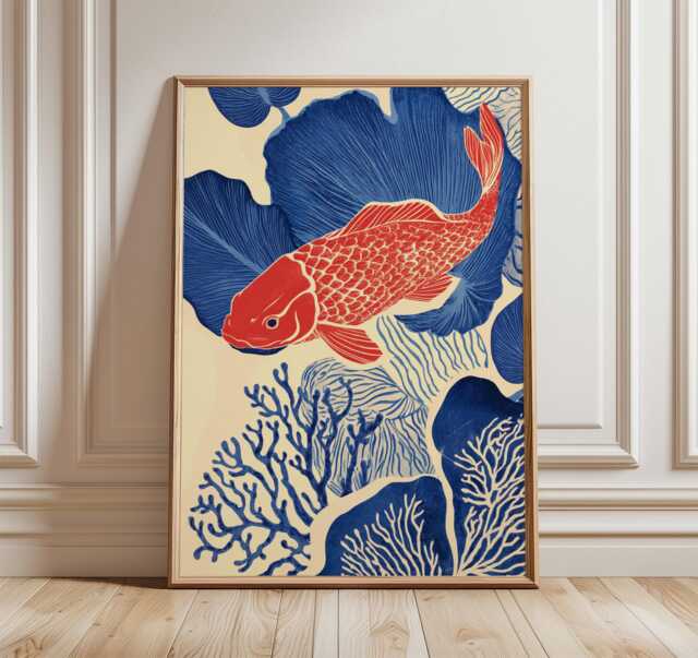 Koi Fish Coral Art Print, Mid Century Modern Coastal Decor - image 1