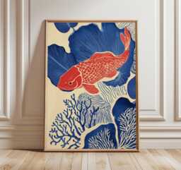 Koi Fish Coral Art Print, Mid Century Modern Coastal Decor - thumbnail 1
