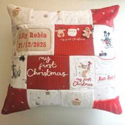 Baby 1st Christmas Memory Cushion 2026, Made From Clothes, Keepsake Double Sided Pillow. Embroidered Name - thumbnail 2
