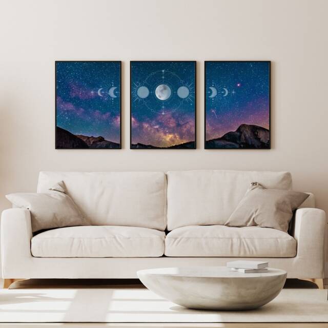 Moon Phases Art Print, Set Of 3 Night Sky Wall Art, Landscape, Home Decor, Bedroom Living Room Prints - image 1