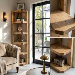 Belix W40cm Light Oak Colour Solid Wood Corner Bookshelf - Open Bookcase, Rustic Scandinavian Design - thumbnail 3