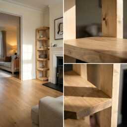 Belix W40cm Light Oak Colour Solid Wood Corner Bookshelf - Open Bookcase, Rustic Scandinavian Design - thumbnail 2