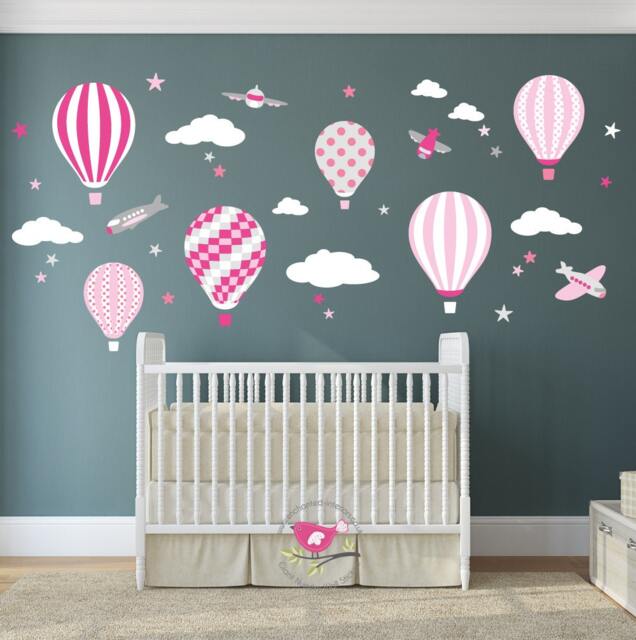 Hot Air Balloon Decal, Baby Girls Wall Stickers, Cerise Pink, Grey & White. Planes, White Clouds Stars, Removeable Nursery Decoration - image 1