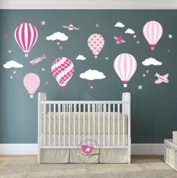 Hot Air Balloon Decal, Baby Girls Wall Stickers, Cerise Pink, Grey & White. Planes, White Clouds Stars, Removeable Nursery Decoration - thumbnail 1
