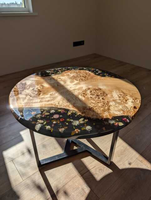 Floral Black Resin Coffee Table Round Live Edge Epoxy Wood Table - image 1