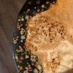Floral Black Resin Coffee Table Round Live Edge Epoxy Wood Table - thumbnail 2