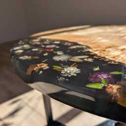 Floral Black Resin Coffee Table Round Live Edge Epoxy Wood Table - thumbnail 4