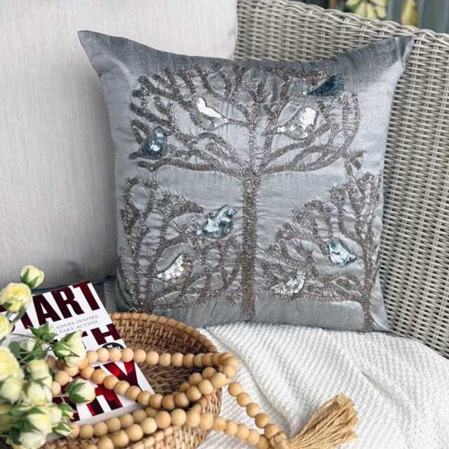 Sequins & Bead Silver Bird Pillow Sham, 24x24/26x26 Art Silk Contemporary Decorative Euro Sham - Pigeons - image 1