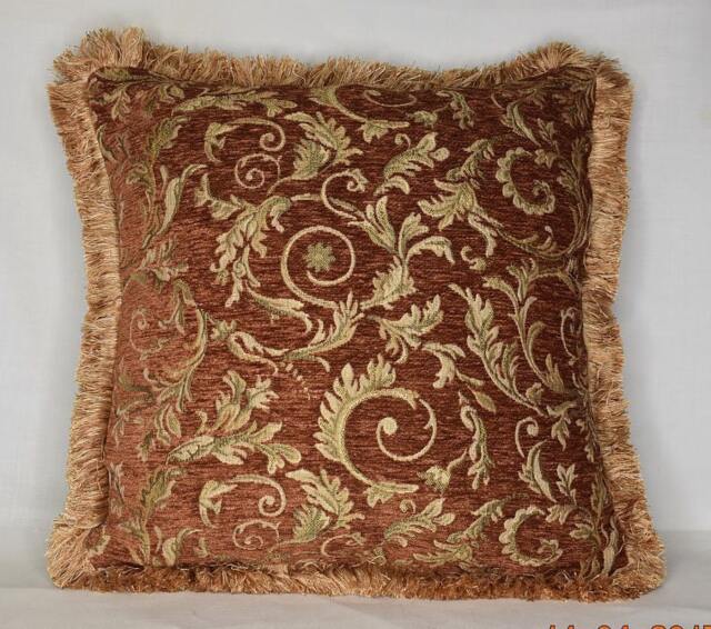 Burnt Orange Gold Floral Pillows in Chenille With Fringe For Sofa Chair Or Couch Inserts Made Usa - image 1