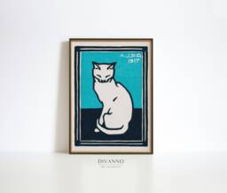 Sitting Blue Cat Print, Mid-Century Wall Art, Julie De Graag Vintage Poster, Art Nouveau Home Decor, Retro Woodcut Deco, Canvas Digital - thumbnail 1