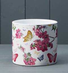 White Ceramic Planter Pink Cherry Blossom Butterfly Design - 12cm X 13cm - thumbnail 1