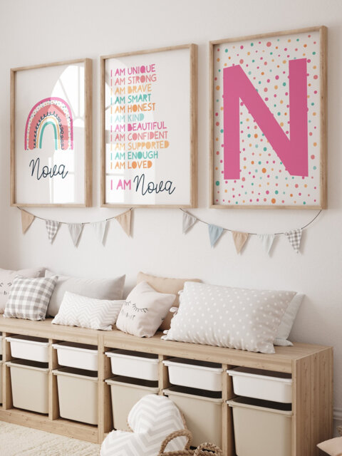 Girls Affirmation Prints, Bedroom Decor, Personalised, Rainbow Wall Art. Colourful Positive Playroom, Set Of 3 - image 1