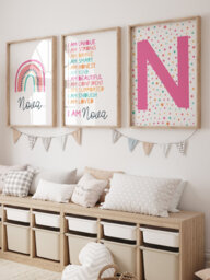 Girls Affirmation Prints, Bedroom Decor, Personalised, Rainbow Wall Art. Colourful Positive Playroom, Set Of 3 - thumbnail 1