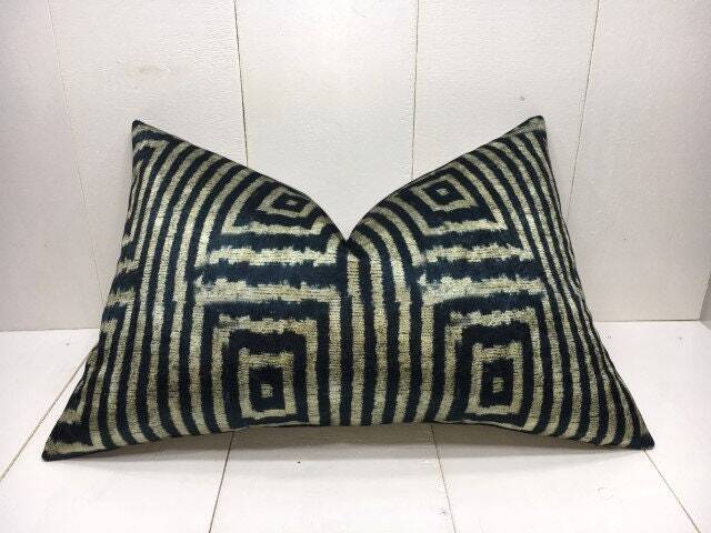 Ikat Velvet Pillow Cover 16x24, Handwoven Silk Accent Cushion - image 1