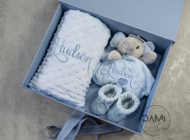 Personalised Baby Boy Gift Set in Magnetic Box - Blue Blanket, Elephant Comforter & Knitted Bootie For - image 1