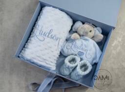 Personalised Baby Boy Gift Set in Magnetic Box - Blue Blanket, Elephant Comforter & Knitted Bootie For - thumbnail 1