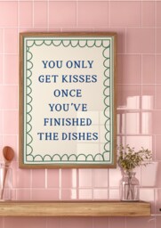 You Only Get Kisses Once You've Finished The Dishes Poster in Blue & Green - Vintage Kitchen Print, Cheeky Washing Up A3 A4 - thumbnail 1