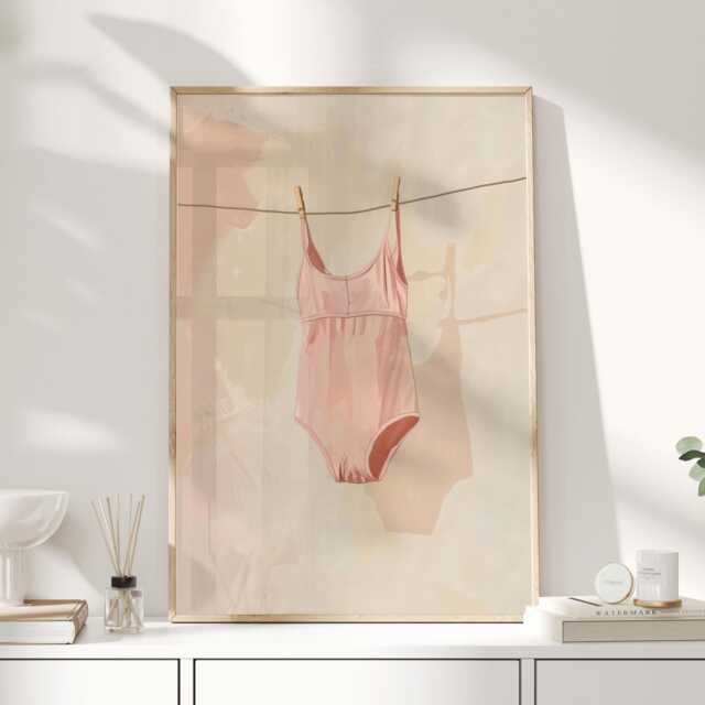 Pink Swimsuit Art Print - Minimal Coastal Wall Feminine Summer Decor Beach House Aesthetic - image 1
