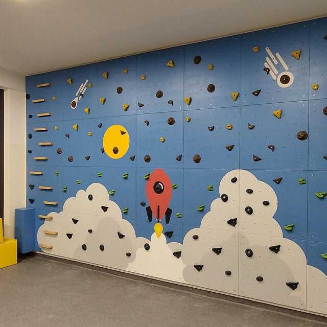 Rock Climbing Wall - Wooden Indoor Play For Kids Room -Colorful Light Rocket Design, Custom Made, Holds Included - image 1