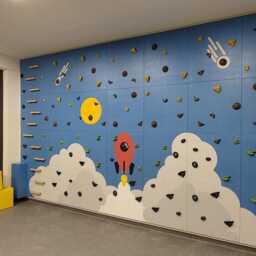 Rock Climbing Wall - Wooden Indoor Play For Kids Room -Colorful Light Rocket Design, Custom Made, Holds Included - thumbnail 1