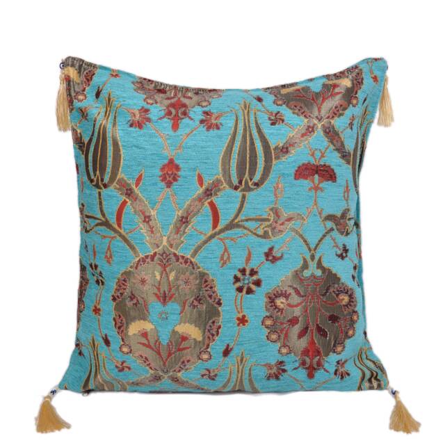 Floral Chenille Pillow Cover Turquoise Turkish Kilim Cushion With Tassels - image 1