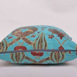 Floral Chenille Pillow Cover Turquoise Turkish Kilim Cushion With Tassels - thumbnail 4