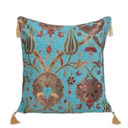 Floral Chenille Pillow Cover Turquoise Turkish Kilim Cushion With Tassels - thumbnail 1