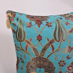 Floral Chenille Pillow Cover Turquoise Turkish Kilim Cushion With Tassels - thumbnail 2
