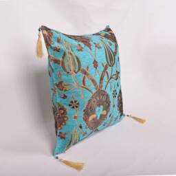 Floral Chenille Pillow Cover Turquoise Turkish Kilim Cushion With Tassels - thumbnail 3