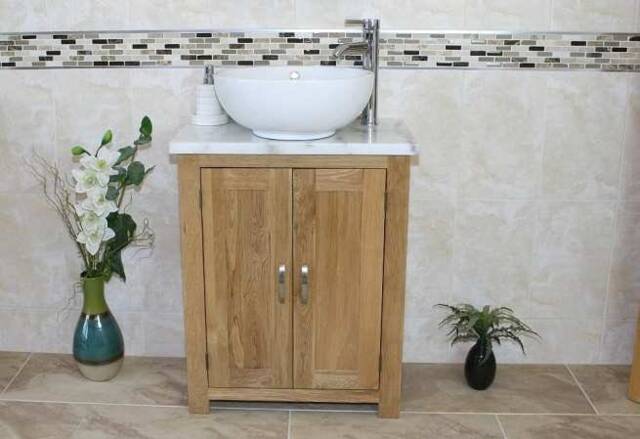 Solid Oak Bathroom Vanity Unit - White Marble Top Ceramic Basin Choice 310Wmcbc - image 1