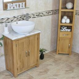 Solid Oak Bathroom Vanity Unit - White Marble Top Ceramic Basin Choice 310Wmcbc - thumbnail 3