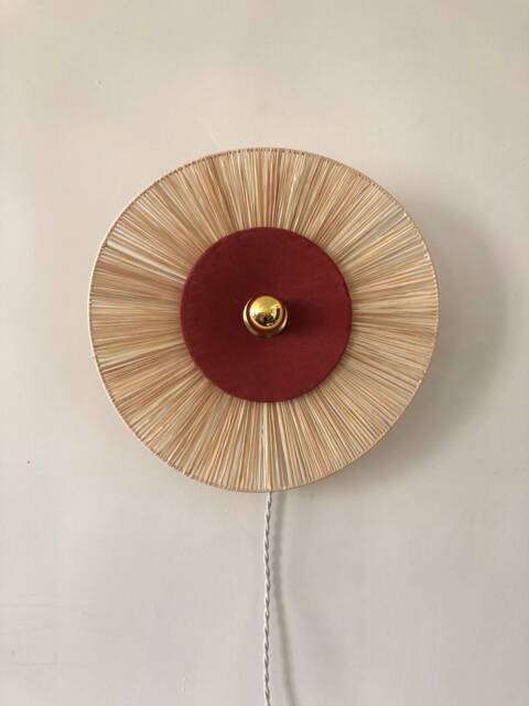 Portable Wall Light in Raffia & Washed Linen, Terracotta Color - Fixed Version On Request Fiorella - image 1