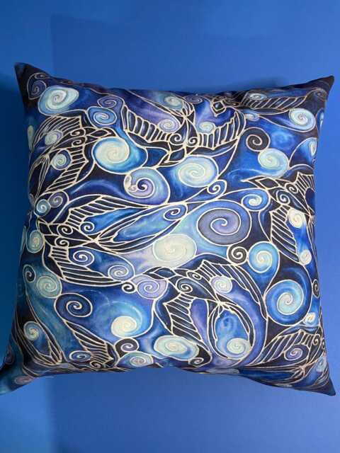 Cool Deep Blue Modern Swooping Swallows Decorative Cushion - Ultramarine Living Room Decor Swirling Sofa Settee Accent Pillow - image 1